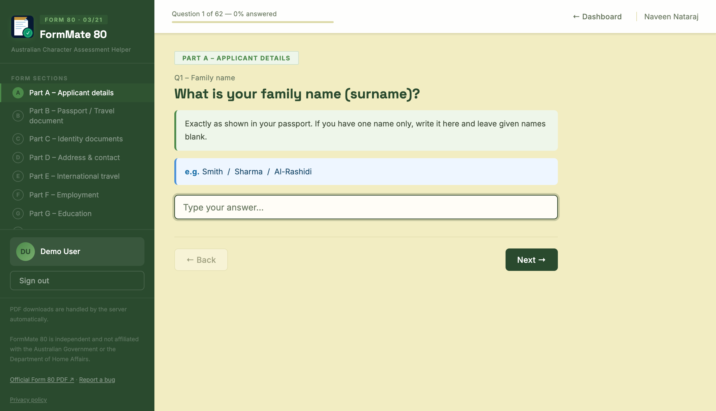 FormMate 80 guided wizard interface showing Part A personal details questions
